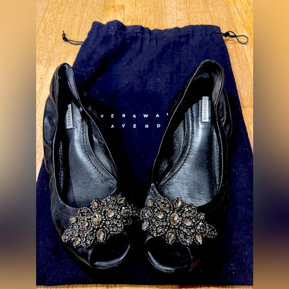 Vera Wang open-toe, bedazzled formal shoe black with crystal details
